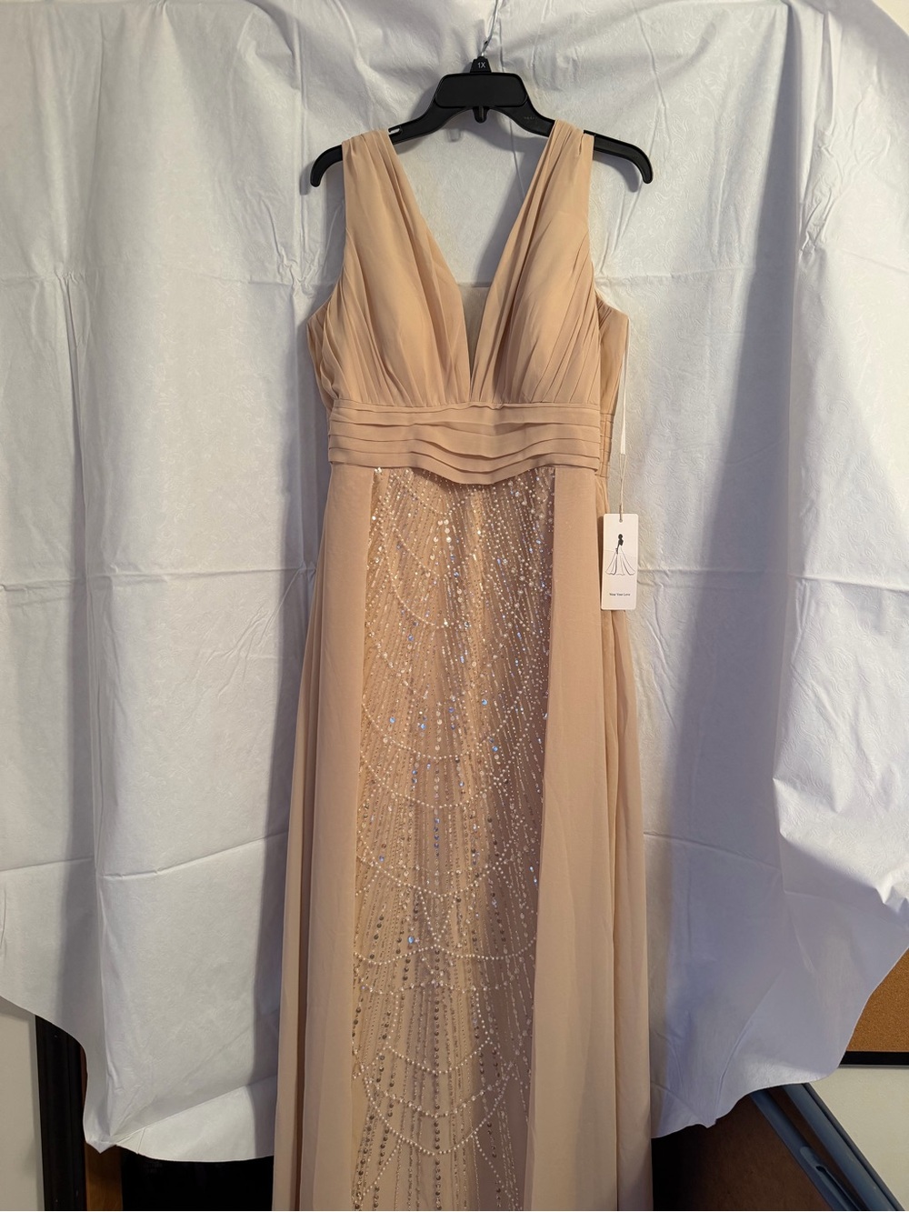 Sleeveless V-Neck Beaded Formal Gown in Champagne Mother of the Bride